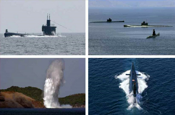 북한군은 지난 25일 김정은 북한 노동당 위원장이 참관한 가운데 창건 사상 최대 규모로 군종합동타격시위를 진행했다고 노동신문이 26일 보도했다. 사진은 군종합동타격시위에 참가한 잠수함부대의 훈련 모습.   연합뉴스