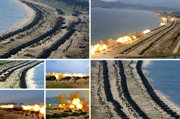 북한군은 지난 25일 김정은 북한 노동당 위원장이 참관한 가운데 창건 사상 최대 규모로 군종합동타격시위를 진행했다고 노동신문이 26일 보도했다. 사진은 군종합동타격시위에 참가한 화력부대들의 타격훈련 모습. 연합뉴스