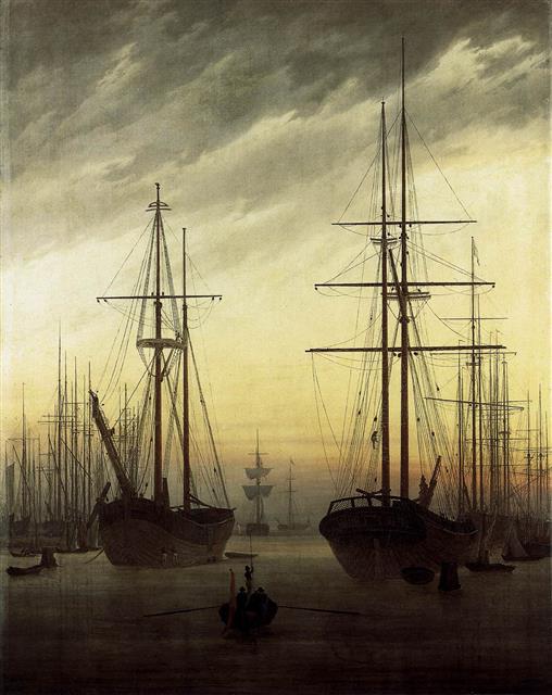 독일 화가 카스파르 다비트 프리드리히의 ‘항구에 정박한 배’(1816년). 과학자들은 이 그림 속 하늘과 탐보라 폭발로 인한 연무가 일치하는 것으로 본다. 소와당 제공