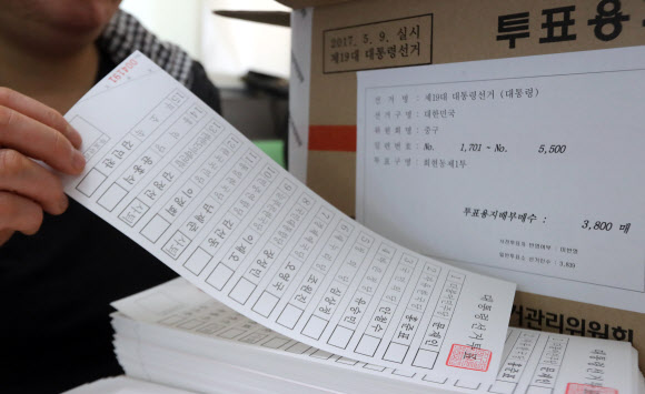 1일 서울 중구 선거관리위원회에서 관계자들이 각 투표소로 보낼 제19대 대통령선거 투표용지를 검수하고 있다.  연합뉴스