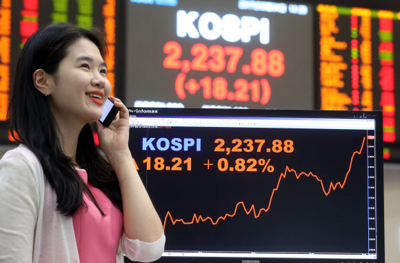 코스피가 장중 역대 최고치를 경신한 4일 서울 여의도 한국거래소에서 직원이 코스피를 모니터하고 있다. 기존 코스피 장중 역대 최고치는 2011년 4월 27일 2,231.47이고, 종가 기준 최고기록은 2011년 5월 2일 2,228.96이다.  연합뉴스
