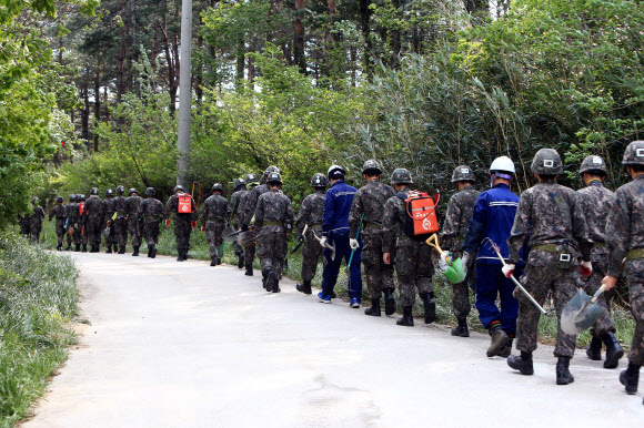 재발한 강릉 산불 진화작업이 재개된 8일 오전 군장병이 산불진화작전에 투입되고 있다. 연합뉴스