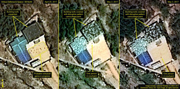 북한 함경북도 길주군 풍계리 핵실험장 지휘통제소 건물 지붕을 위장용 페이트로 덮어 은폐하려는 흔적이 포착됐다고 미국의 북한 전문 매체 38노스가 10일(현지시간) 밝혔다. 지난달 25일 찍은 위성사진(왼쪽)과 달리 지난 2일(가운데)과 3일(오른쪽) 촬영한 사진에는 건물 지붕이 푸르스름한 위장용 페인트로 칠해져 있다. 적외선 이미지로 보면 주변 초목과 뒤섞인 것처럼 보인다고 38노스는 분석했다. 38노스 홈페이지 캡처