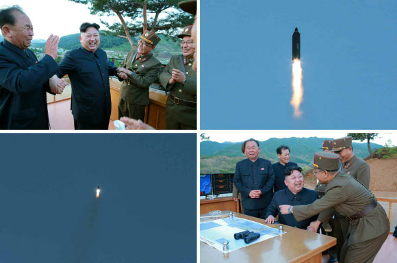 북한이 14일 신형 지상대지상 중장거리 미사일 ‘화성-12형’의 시험발사에 성공했다고 북한 노동신문이 15일 보도했다. 사진은 발사후 환한 모습으로 웃고 있는 김정은과 공중으로 솟아오르는 화성-12의 모습.2017.5.15