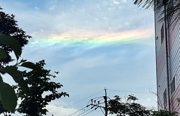 16일 오전 11시께 경남 창원시 의창구 대산면 가술리 일반산업단지 하늘 위로 무지갯빛 구름이 등장해 눈길을 끈다. 이 구름은 자개구름으로 불린다. 자개구름은 태양 빛이 굴절돼 구름 입자 크기와 분포상태에 따라 색채가 변하는 채운 현상으로 생긴다.  독자제공=연합뉴스