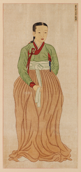 석지 채용신(1850~1941)이 그린 ‘팔도미인도’의 일부분. 진주기생 산홍은 치마를 그대로 늘어뜨려 입고 있다. 송암문화재단 제공