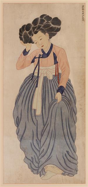 석지 채용신(1850~1941)이 그린 ‘팔도미인도’의 일부분. 서울기생 홍랑은 치마를 살짝 걷어 올리고 있다.  송암문화재단 제공