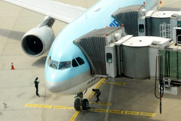 정유라씨가 탄 대한항공 여객기가 31일 오후 인천국제공항에서 계류장에 도착하고 있다. 2017. 05. 31 박윤슬 기자 seul@seoul.co.kr