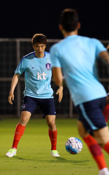 2018 러시아월드컵 최종예선 카타르 전을 위해 소집된 축구국가대표팀 기성용이 5일(현지시간) 오후 에미리트 클럽 훈련장에서 패싱 훈련을 하고 있다. 연합뉴스