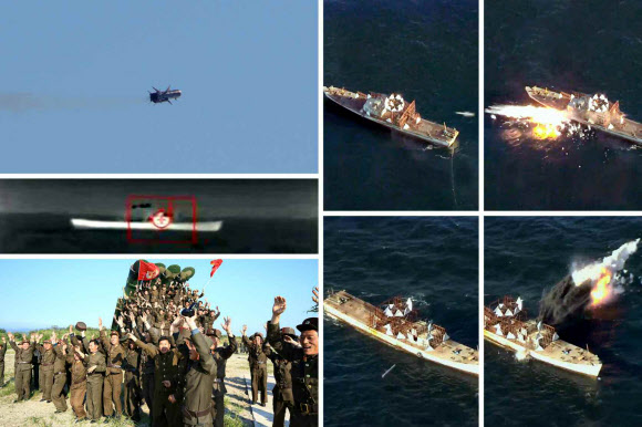 북한이 김정은 노동당 위원장이 참관한 가운데 신형 지대함 순항미사일 시험발사를 진행했다고 노동신문이 9일 보도했다. 사진은 동해상에 설치된 목표선박을 타격하는 모습.  연합뉴스