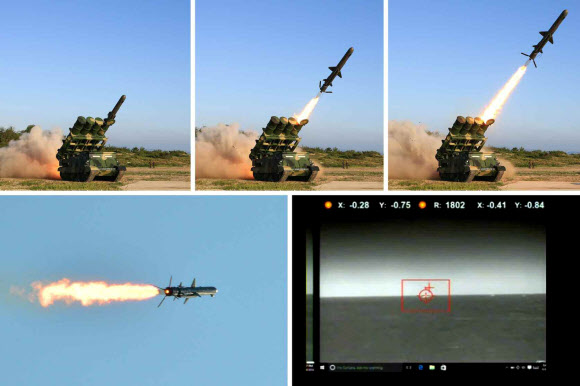 북한이 김정은 노동당 위원장이 참관한 가운데 신형 지대함 순항미사일 시험발사를 진행했다고 노동신문이 9일 보도했다. 사진은 동해상에 설치된 목표선박을 타격하는 모습.  연합뉴스