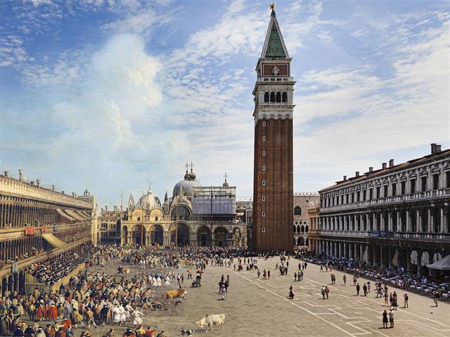 ‘베네치아 타임머신’ 프로젝트로 만든 영상. 오른쪽은 요즘 성마르코광장의 모습이고 왼쪽은 18세기 베네치아 성마르코광장의 풍경이다. 인공지능 기술로 역사가들에게 두 시대를 한눈에 비교해 볼 수 있도록 자료를 제공할 수 있게 됐다. 네이처 제공