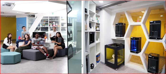 IH스튜디디오(왼쪽) 전경, 창업을 준비하는 학생들이 24시간 자유롭게 이용할 수 있는 회의공간과 3D프린터실(오른쪽) 시설을 갖추고 있다 (사진= 산기대 제공)
