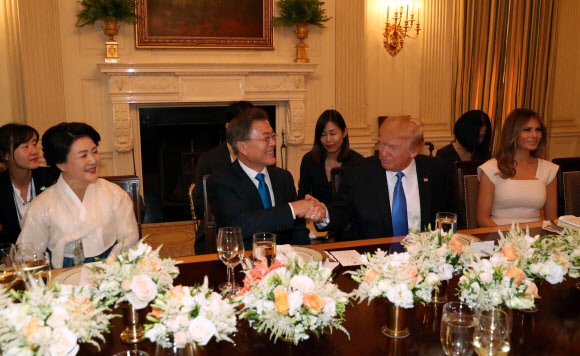 한?미 정상 내외 만찬 앞서 인사