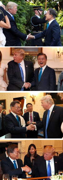 한미 정상 첫 만남, 네 번의 ‘악수 대결’