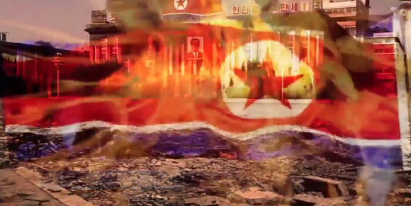 타우러스의 공격을 받은 가상의 평양 김일성광장이 초토화되고 북한 인공기가 불타고 있다. 합동참모본부 제공