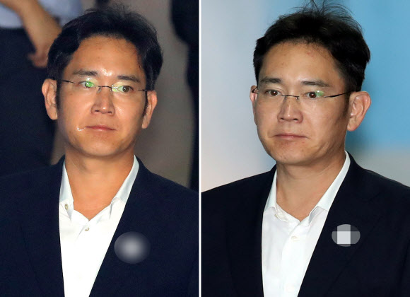 이재용 삼성전자 부회장이 지난5일(왼쪽)과 7일 서울 서초구 서울중앙지법에서 열린 공판에 각각 출석하며 법정으로 향하는 모습. 이발을 한 듯 이틀 만에 말끔해진 모습이다.  연합뉴스