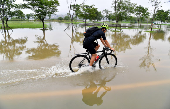 11일 오전 서울 한강 반포 둔치에서 수위 상승으로 물바다가 된 자전거 도로를 한 시민이 통과하고 있다.  연합뉴스