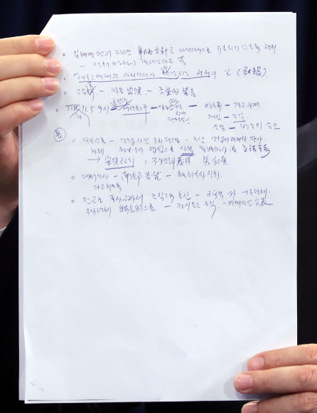 고 김영한 민정수석의 자필 메모로 보이는 문건 발견