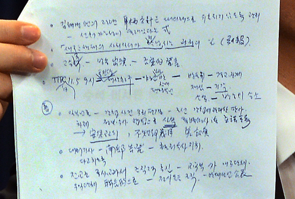 박수현 대변인이 14일 오후 청와대에서  고 김영한 전 청와대 민정수석이 자필로 작성한것으로 보이는 메모 원본을 공개하고 있다.이 메모는 사용하지 않던 민정수석 비서관실내 사정비서관이 사용하던 공간에서 발견되었다. 2017. 07. 14 안주영 기자 jya@seoul.co.kr