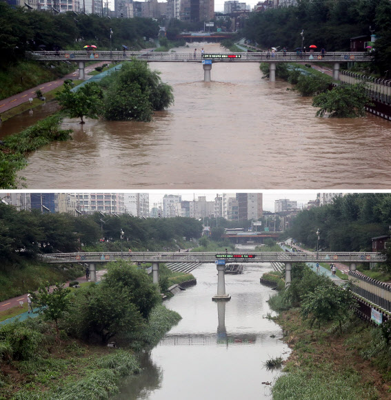 수도권 폭우가 그친 24일 오전 서울 은평구 불광천(아래쪽). 위는 전날 기습폭우로 하천이 잠긴 모습.  연합뉴스