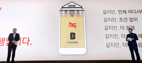 인터넷 전문은행인 한국카카오은행 영업이 시작된 27일 오전 서울 서초구 반포 세빛섬 FIC컨벤션에서 열린 카카오뱅크 B-day ’언베일링 세러머니’에서 이용우,윤호영(오른쪽) 카카오뱅크 공동대표가 관련 설명을 하고 있다.  연합뉴스
