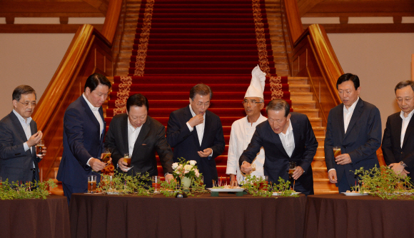 문재인 대통령이 28일 오후 청와대 본관 로비에서 기업인들과 ‘칵테일 타임’을 갖고 있다. 권오현 삼성 부회장, SK 최태원 회장, 롯데 신동빈 회장, GS 허창수 회장, 현대중공업 최길선 회장, KT 황창규 회장, 대한항공 조원태 사장, 대한상의 박용만 회장 등이 참석했다. 2017.7.28. 안주영기자 jya@seoul.co.kr