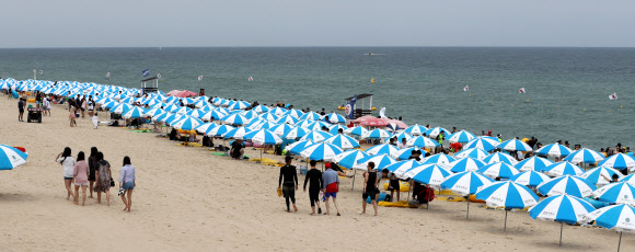 30일 강원 강릉시 경포해수욕장 백사장에 원색의 파라솔이 가득하다. 경포를 비롯한 동해안 해수욕장은 지난 5일 개장 후 주말과 휴일마다 계속 비가 내리는 등 궂은 날씨였으나 이날은 모처럼 맑았다.  연합뉴스