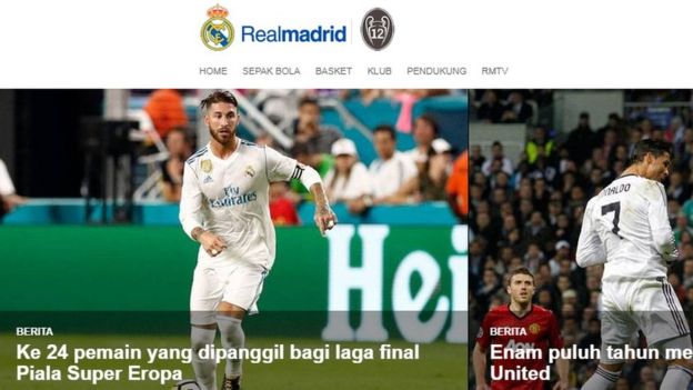 레알 마드리드 구단의 인도네시아어 홈페이지. 홈페이지 화면 캡처 