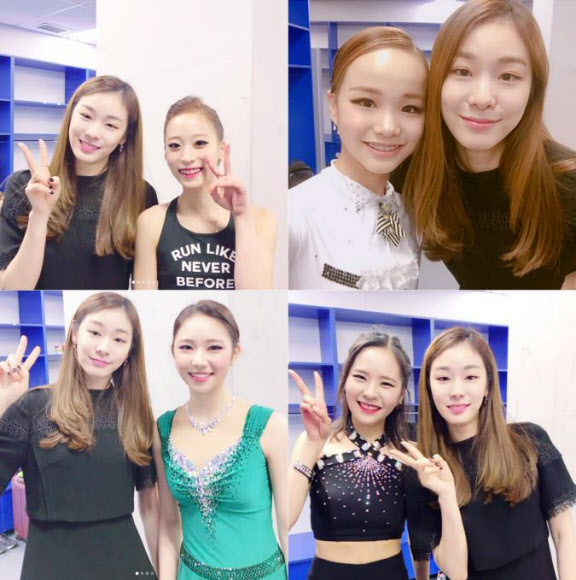 김연아가 지난 12일 고양 어울림누리 아이스링크장에서 열린 ’8월의 아이스페스타 in 경기’에 참석해 아이스쇼를 펼친 후배들과 사진을 찍었다.  김연아가 후배들과 찍은 사진은 선수들이 자신의 소셜네트워크서비스(SNS) 계정에 올리면서 공개됐다. 왼쪽 위부터 시계방향으로 유영, 임은수, 김나현, 최다빈.  각 선수 인스타그램 캡처=연합뉴스
