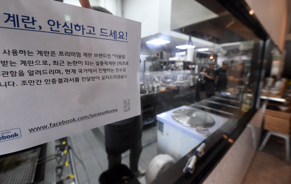 16일 서울 강남의 한 음식점에서 종업원이 살충제 계란을 사용하지 않는다는 문구가 적힌 안내문을 붙이고 있다.  정연호 기자 tpgod@seoul.co.kr