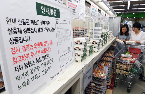 농협이 16일 오후 농협하나로마트 양재점에서 정부의 검사결과 적합판정을 받고 판매를 재개한 가운데 소비자들이 계란의 생산지를 살펴 고르고 있다.  이호정 전문기자 hojeong@seoul.co.kr