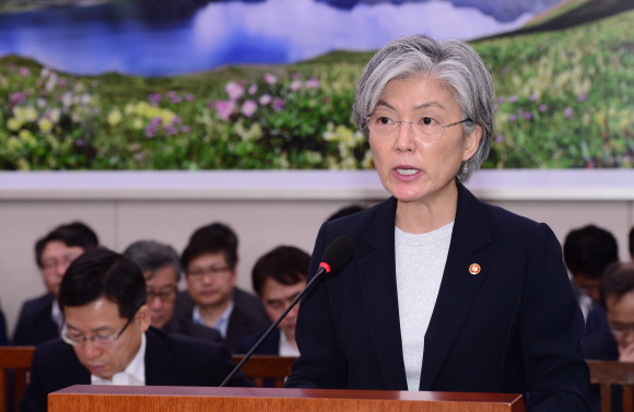 21일 국회에서 열린 외교통상위원회의에서 강경화 외교부 장관이 업무보고를 하고 있다. 이종원 선임기자 jongwon@seoul.co.kr