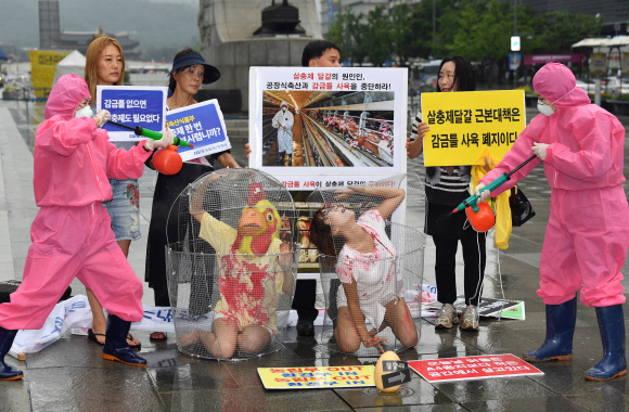 8일 서울 광화문광장에서 동물보호단체 회원들이 동물들의 복지개선을 요구하는 퍼포먼스를 펼치고 있다. 2017.8.23 박지환기자 popocar@seoul.co.kr