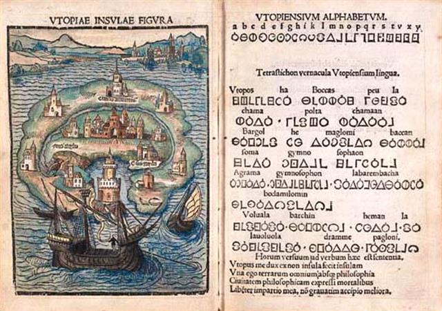 토머스 모어가 궁극의 도시 ‘유토피아’에서 쓰이는 알파벳을 소개한 책.