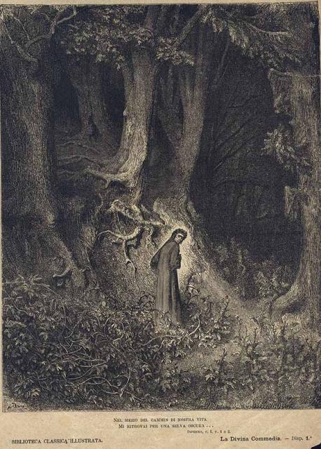 단테의 서사시 ‘신곡’에 삽입된 첫 장면 삽화. 삶의 절반 정도를 살아온 청년이 어느 날 어두운 숲에서 길을 잃는 것으로 이야기가 시작된다.