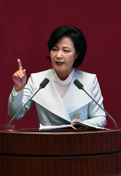 추미애 더불어민주당대표가 4일 오전 서울 여의도 국회에서 열린 본회의에서 교섭단체 대표 연설 중 바른정당 의원이 연설내용을 비난하며 퇴장하자 단호한 얼굴로 바라보며 연설을 이어가고 있다.   2017.09.04 강성남 선임기자 snk@seoul.co.kr