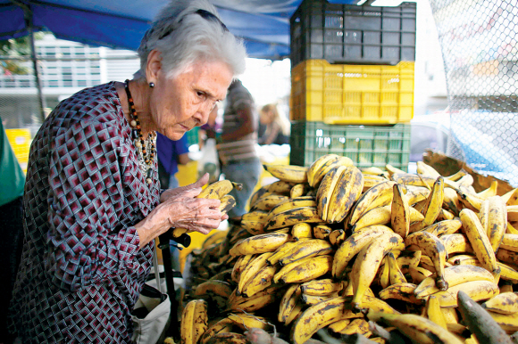 베네수엘라 수도 카라카스에 있는 시장에서 한 여성이 지난달 23일(현지시간) 바나나를 손에 쥐고 심각한 표정을 짓고 있다. 유가가 폭락하면서 국가 재정에 심각한 타격을 입은 베네수엘라에서는 생필품 부족과 인플레이션으로 국민이 굶주려 가고 있다. 카라카스 AP 연합뉴스