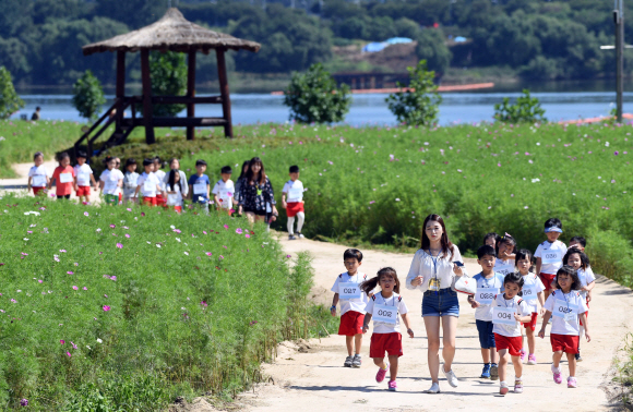 청명한 가을날씨를 보인 14일 경기도 구리 한강시민공원에서 나들이 나온 어린이들이 가을날씨를 즐기고 있다.  정연호 기자 tpgod@seoul.co.kr