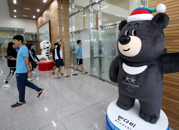 진천선수촌 선수식당 앞의 수호랑과 반다비