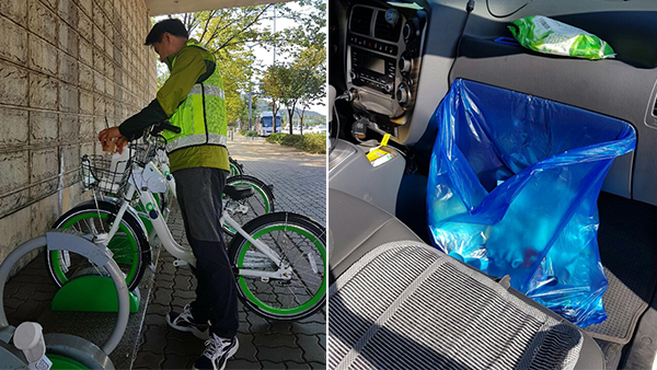 공공자전거관리소의 한 직원이 서울시 공공자전거 상암센터 대여소에 세워진 자전거 바구니에 담긴 쓰레기를 치우고 있다.(좌) 공공자전거관리소 직원들이 공공자전거 따릉이 대여소를 돌며 수거한 쓰레기들.(우) 사진제공=공공자전거관리소. 