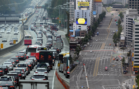꽉 막힌 귀성길… 텅텅 빈 서울 도로 