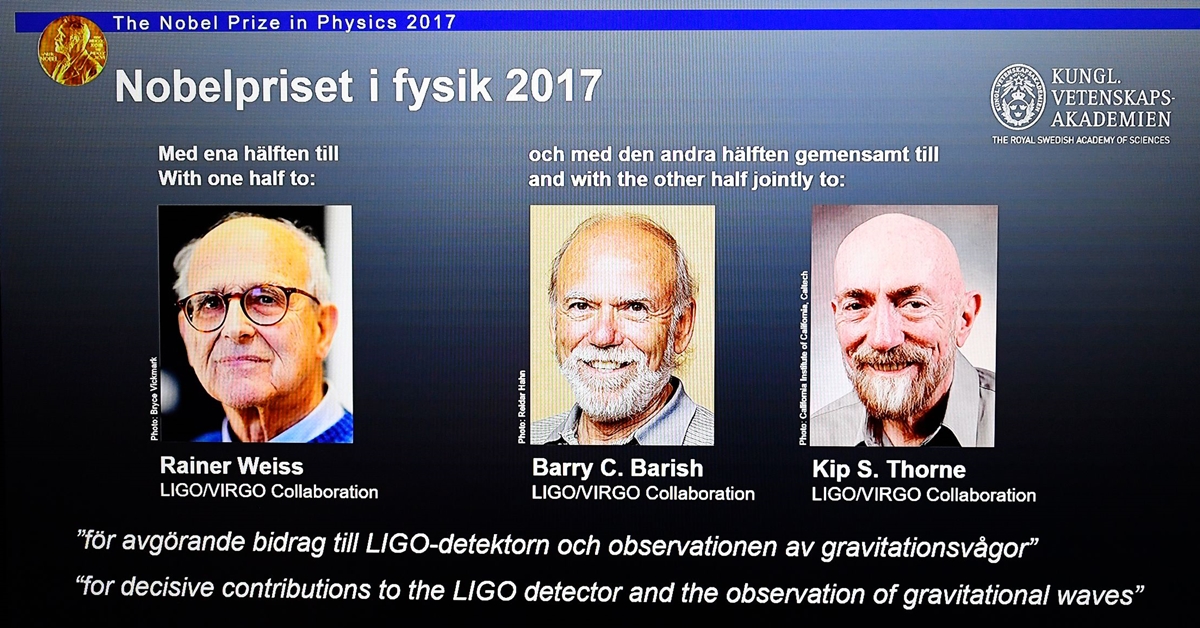 올해 노벨물리학상은 아인슈타인이 1세기 전 주장한 중력파의 존재를 실제로 확인한 고급레이저간섭계중력파관측소(라이고·LIGO) 연구진에게 돌아갔다. 왼쪽부터 라이너 바이스 미국 매사추세츠공과대 명예교수, 배리 배리시 캘리포니아공과대학(캘텍) 교수, 킵 손 캘텍 명예교수. 2017.10.3.  AFP 연합뉴스