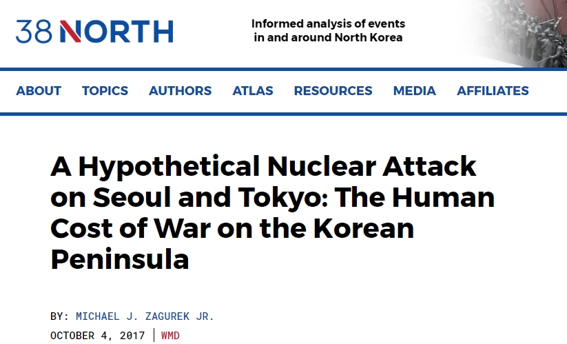 서울과 도쿄에 대한 가상 핵공격-인명 피해. 38노스가 4일(현지시간)자로 다룬 기사 제목. 38노스 캡처