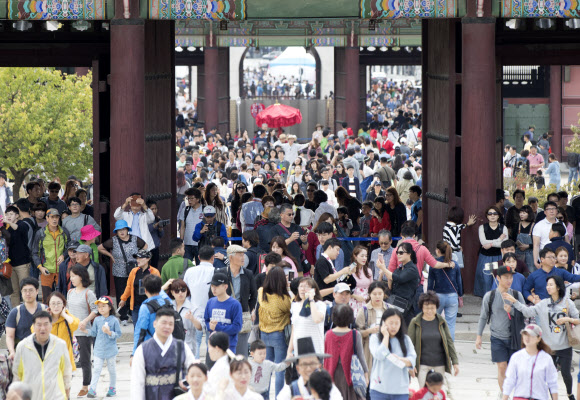 추석연휴기간인 6일 오전 서울 경복궁에서 시민과 관광객들이 시간을 보내고 있다.  연합뉴스