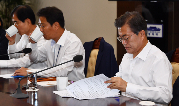 문재인 대통령이 10일 오전 청와대 여민관에서 열린 수석보좌관회의를 주재하고  있다. 2017. 10. 10 안주영 기자 jya@seoul.co.kr