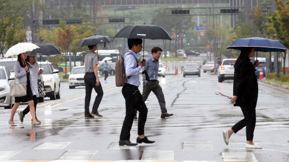 전국 대부분 지역에 비가 내리는 11일 오전 세종시 정부세종청사에서 직원들이 출근하고 있다. 기상청은 이날 비가 낮에 대부분 그친 뒤 기온이 떨어질 것으로 예보했다.  연합뉴스