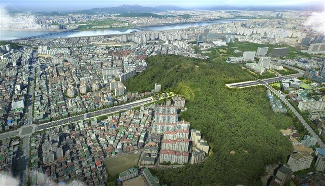 2019년 1월 개통 예정인 서리풀(정보사)터널(355m) 일대 조감도. 서리풀공원 내 정보사 부지 지하로 서초역과 내방역을 잇는 355m 길이의 서리풀 터널이 개통되면 강남의 동·서축이 연결되면서 그동안 막힌 길로 인해 유발된 남부순환로, 사평로, 방배로 등 주변도로 혼잡도 해소될 전망이다.<br>서초구 제공