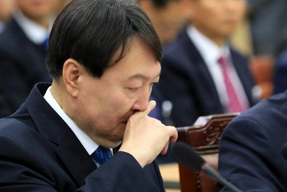 23일 오전 서울 서초구 서울고검에서 열린 국회  법제사법위원회의  서울고등검찰청ㆍ서울중앙지방검찰청 등에 대한 국정감사에서 윤석열 서울중앙지검장이 생각에 잠겨 있다.  연합뉴스