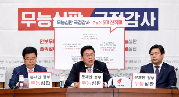 24일 국회에서 열린 자유한국당  국정감사대책회의에서 정우택원내대표가 모두발언을 하고있다. 이종원 선임기자 jongwon@seoul.co.kr